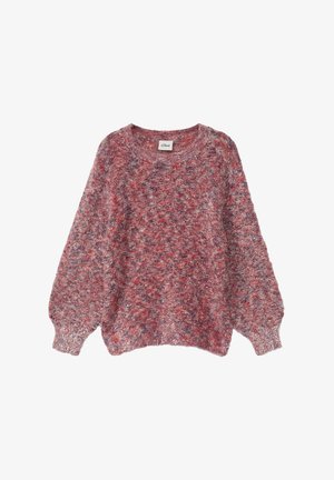Pull flou et surdimensionné dans des nuances variées de rouge et de violet, doté d'un col rond et de poignets côtelés, avec un tissu texturé.