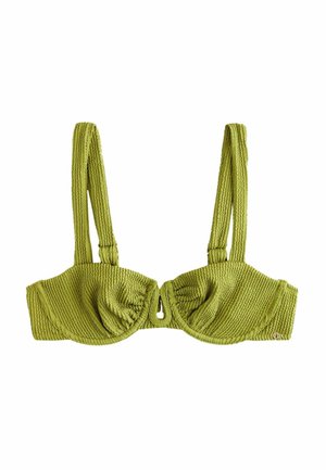 Zeleni bikinijski top s teksturom, s podešivim naramenicama, potporom od žice, naboranim šalicama i detaljem u obliku okvira na središnjem dijelu.