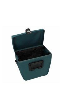 Borsa di stoccaggio isolata blu con apertura a cappotta, manico robusto e tasca interna nera. Esterno testurizzato e meccanismo di chiusura sicuro.