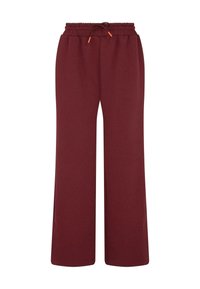 Bordové tepláky s širokým střihem, elastickým pasem a detaily na šňůrce. Vyrobené z měkké tkaniny s hladkým povrchem.