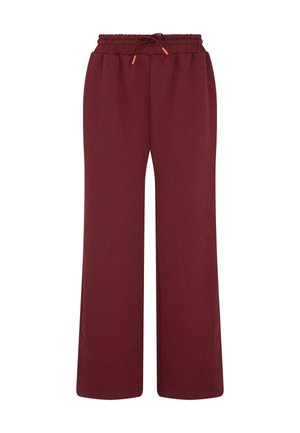 Burgundi színű, széles szárú jogger nadrág, rugalmas derékkal és zsinóros részletekkel. Puha anyagból készült, sima textúrával.