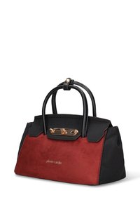 Zwart-rode handtas van suède en stof, met goudkleurige details, gestructureerde vorm, dubbele handvatten en geperst logo.