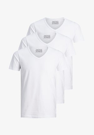 Three white cotton v-neck t-shirts featuring short sleeves and a label with "JACK & JONES" printed inside the neckline.