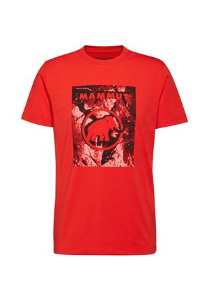 Red cotton t-shirt featuring a black graphic of an elephant and the word "Mammut" above it, centered on a rectangular background.