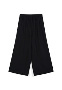 Pantaloni neri a gamba larga con elastico in vita e cordoncino. Tessuto liscio, lunghezza al ginocchio, senza motivi visibili o dettagli metallici.