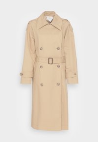 Beige trench coat featuring double-breasted buttons, a wide collar, shoulder epaulets, and a matching belt. Made of smooth, lightweight fabric.