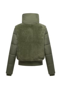 Olive green padded jacket with a faux fur back panel, high collar, ribbed cuffs, and waistband. Smooth texture with soft fleece accents.