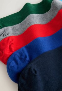 Rohelised, hallid, punased, sinised ja tumesinised sokid. Iga sokk on sileda tekstuuriga ja ribidega äärega. Muster ega festoonid pole nähtavad.