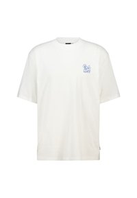 White cotton t-shirt with short sleeves and a V-neckline. Features a blue graphic design on the left chest area. Soft texture.