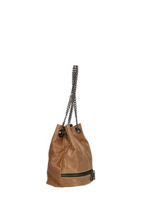 Borsa a secchiello in pelle marrone con texture, dotata di chiusura a coulisse e manici a catena, presenta una cerniera alla base per una funzionalità aggiuntiva.