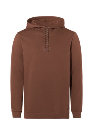 Bruine hoodie van zacht materiaal, met een dubbelgevouwen capuchon, verstelbare trekkoorden en ribgebreide manchetten en zoom. Subtiele logo-detail.