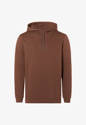 Bruine hoodie van zacht materiaal, met een dubbelgevouwen capuchon, verstelbare trekkoorden en ribgebreide manchetten en zoom. Subtiele logo-detail.