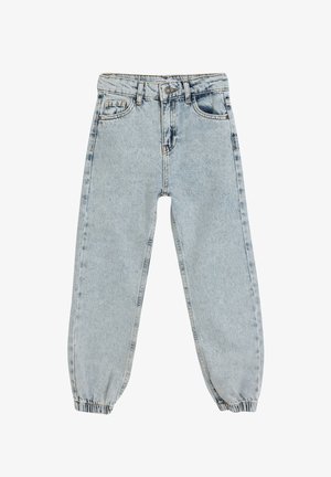 Lichtblauwe denim jeans met een hoge taille, elastische boorden en twee voortassen. Heeft een vervaagde wassing en zichtbare stiksels.