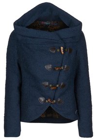 Giacca in misto lana blu navy con un ampio cappuccio, chiusura diagonale e bottoni a toggles. Tessuto testurizzato e fodera interna a motivo.
