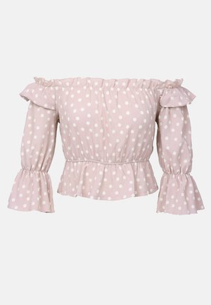 Svetlo roza top z off-the-shoulder krojem in belimi pikami. Ima volanaste rokave in peplum rob. Narejen je iz teksturirane tkanine.