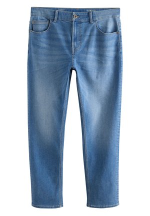Jean slim bleu avec poches avant, passants de ceinture et fermeture par bouton à la taille, présenté à plat sur fond blanc.
