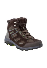 Botte de randonnée marron avec une tige texturée, des panneaux en mesh et des accents vert fluo. Comprend des lacets robustes et une semelle extérieure rugueuse pour une meilleure adhérence.