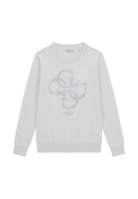 Ljusgrå tröja med rund hals, långa ärmar och en texturerad logotypdesign i silverstrass på framsidan. Ribbad mudd och nederkant.