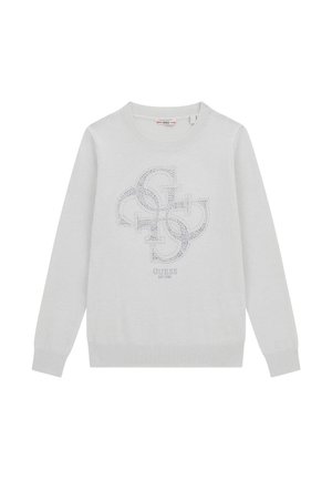 Ljusgrå tröja med rund hals, långa ärmar och en texturerad logotypdesign i silverstrass på framsidan. Ribbad mudd och nederkant.