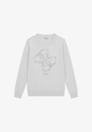 Light gray sweater with a round neck, long sleeves, and a textured logo design in silver rhinestones on the front. Ribbed cuffs and hem.