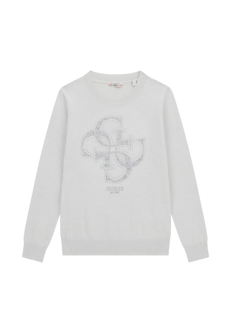 Ljusgrå tröja med rund hals, långa ärmar och en texturerad logotypdesign i silverstrass på framsidan. Ribbad mudd och nederkant.