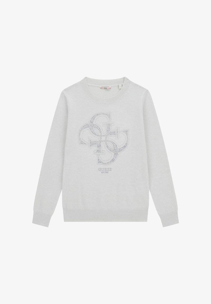 Pulover gri deschis cu guler rotund, mâneci lungi și un design texturat al logo-ului din strasuri argintii pe față. Manșete și tiv cu nervuri.