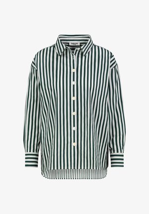 Grün-weiße gestreifte Hemdbluse mit Kragen, langen Ärmeln und geradem Saum. Aus leichtem Material mit dekorativen Knöpfen.