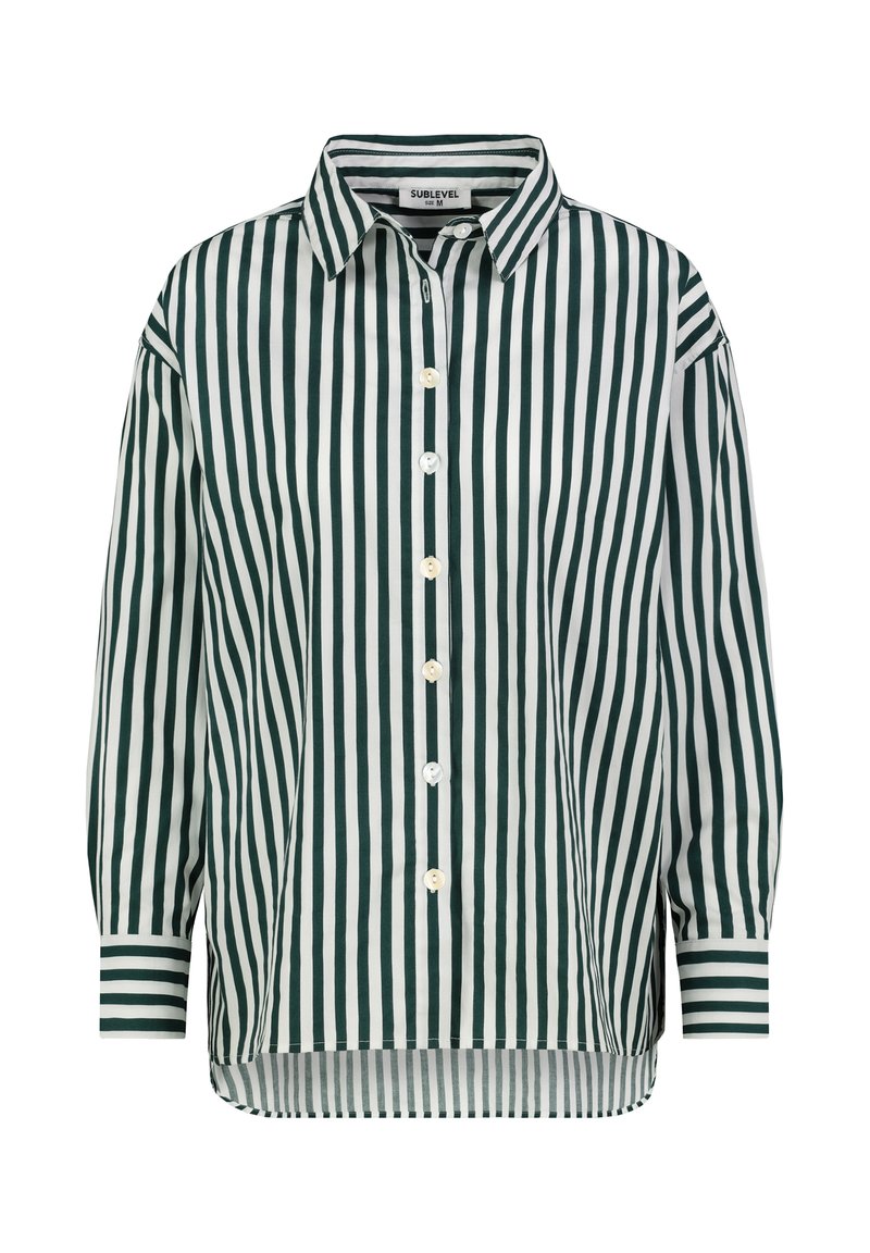 Green and white striped button-up shirt with a collar, long sleeves, and a straight hem. Features a lightweight fabric and decorative buttons.