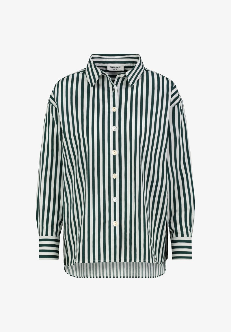Green and white striped button-up shirt with a collar, long sleeves, and a straight hem. Features a lightweight fabric and decorative buttons.
