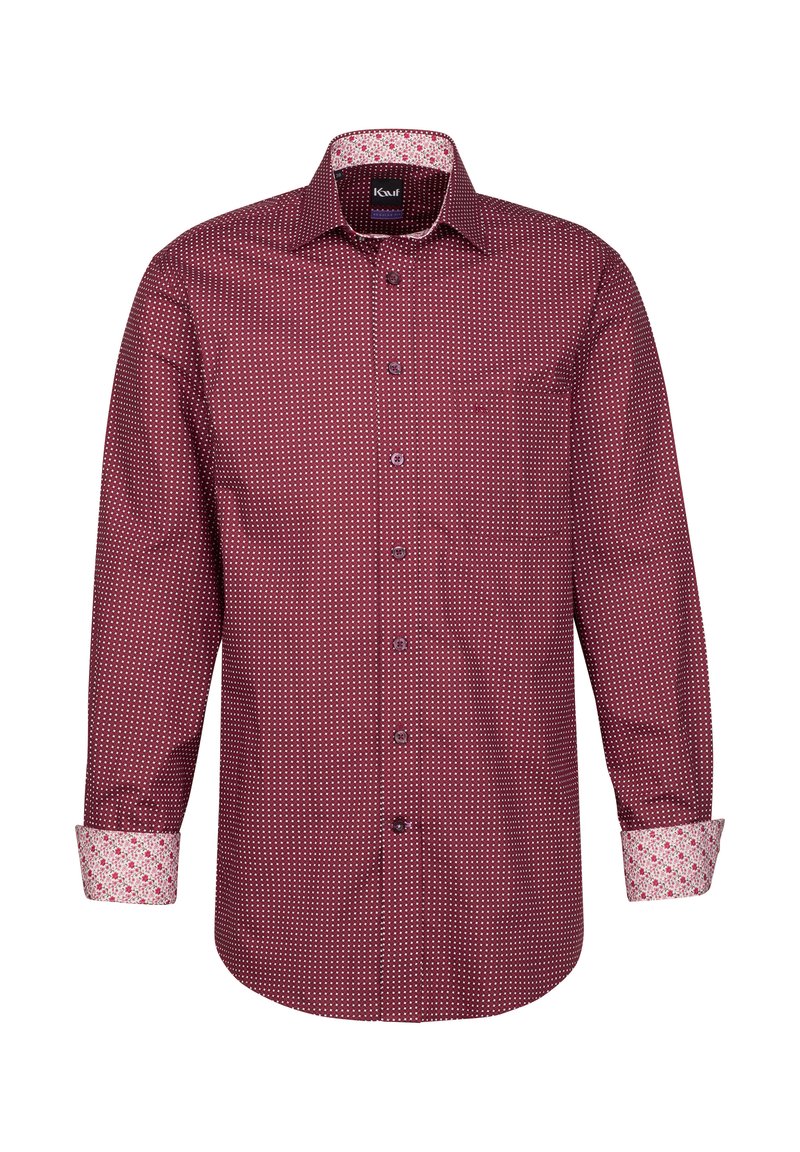 Camicia rossa a maniche lunghe con un piccolo motivo a pois bianchi, polsini interni a fiori a contrasto e taschino sul petto. Realizzata in tessuto leggero.