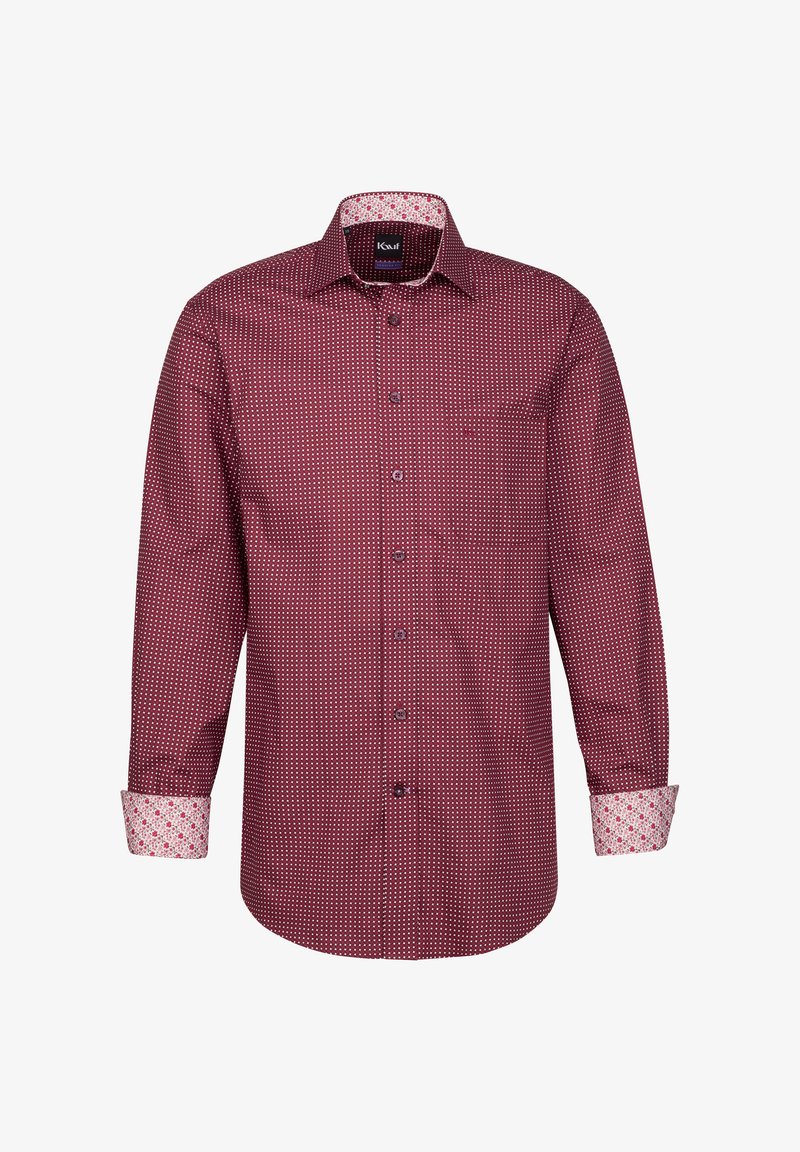 Camicia rossa a maniche lunghe con un piccolo motivo a pois bianchi, polsini interni a fiori a contrasto e taschino sul petto. Realizzata in tessuto leggero.