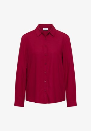 Camicia rossa con bottoni, a maniche lunghe, colletto classico e una texture liscia. Presenta un orlo dritto e bottoni coordinati lungo la parte anteriore.