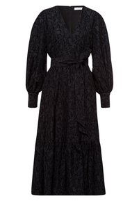 Robes midi à motifs floraux noirs avec un décolleté en V profond, de longues manches bouffantes, une taille ceinturée et une jupe à volants. Fabriquée en tissu texturé.