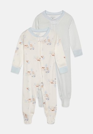 Cotton baby pajamas set in cream with a dog print and light blue accents; the second is light blue with a striped pattern. Snap closure design.
