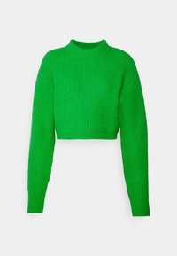 Zelený zkrácený svetr s ribovanou strukturou, dlouhými rukávy a vysokým výstřihem. Vyrobeno z pleteného materiálu, s přiléhavým střihem.