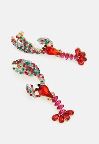 Gold-tone lobster-shaped earrings embellished with multicolored rhinestones in red, green, and pink. Intricate detailing and varied textures.