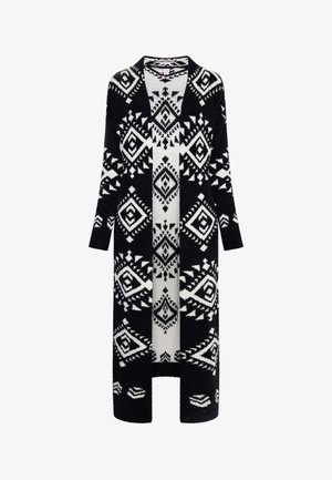 Langer schwarz-weißer Cardigan mit geometrischen Mustern, offener Vorderseite und langen Ärmeln; hergestellt aus strukturiertem Strickstoff.