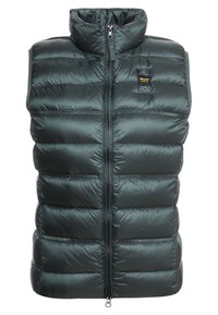 Dunkelgrüne Nylon-Steppweste mit hohem Kragen, Reißverschluss vorne und horizontalem Quiltmuster sowie zwei kleinen Taschen.