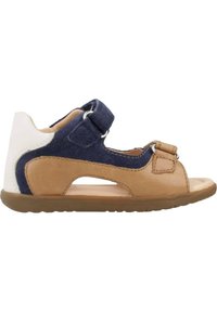 Sandalo beige e blu navy con lati aperti, materiali in suede e pelle, cinturino regolabile con fibbia in metallo, suola in gomma flessibile.