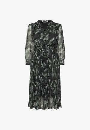 Robe plissée noire et grise avec un col, une fermeture à boutons et des manches longues. Le tissu présente une texture douce et fluide avec des motifs abstraits.