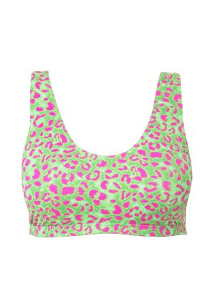 Grüner Sport-BH mit einem Leopardenmuster in lebhaftem Pink. Entworfen mit breiten Trägern und einem runden Ausschnitt für Komfort.