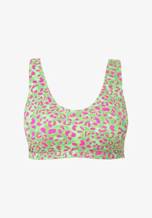 Reggiseno sportivo verde con un motivo a stampa leopardata nei toni del rosa vivace. Progettato con spalline larghe e scollatura a barca per il massimo comfort.