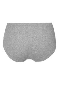 Harmaa puuvillapanta ribatulla pinnalla, jossa on korkea vyötärö ja sileät saumat. Takana on pyöristetyt reunat ilman näkyvää metalliosaa.