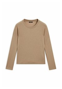 Pull beige à manches longues et col rond, posé à plat avec un design simple sans motifs ni ornements visibles.