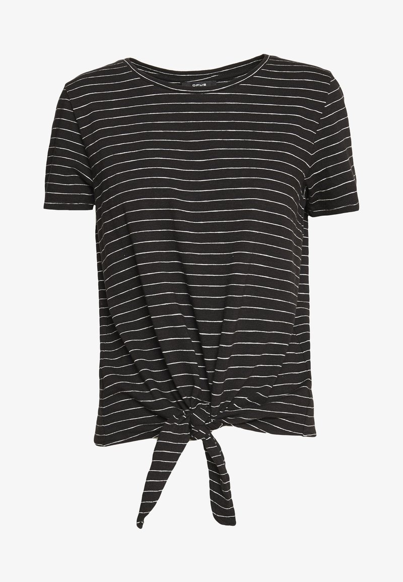 Chemise noire à manches courtes avec fines rayures horizontales blanches et un nœud noué à l'avant sur l'ourlet.