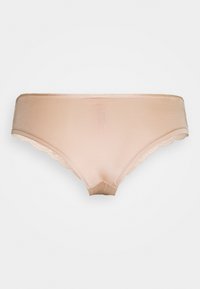 Beige Satin-Bikiniunterwäsche mit gewelltem Spitzebesatz entlang der Kanten, mit glatter Textur und mittelhohem Schnitt.