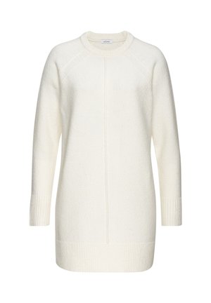 Cremfarbener gestrickter Pullover mit Rundhalsausschnitt, gerippten Bündchen und unterem Saum. Verfügt über eine strukturierte Oberfläche und Raglanärmel.