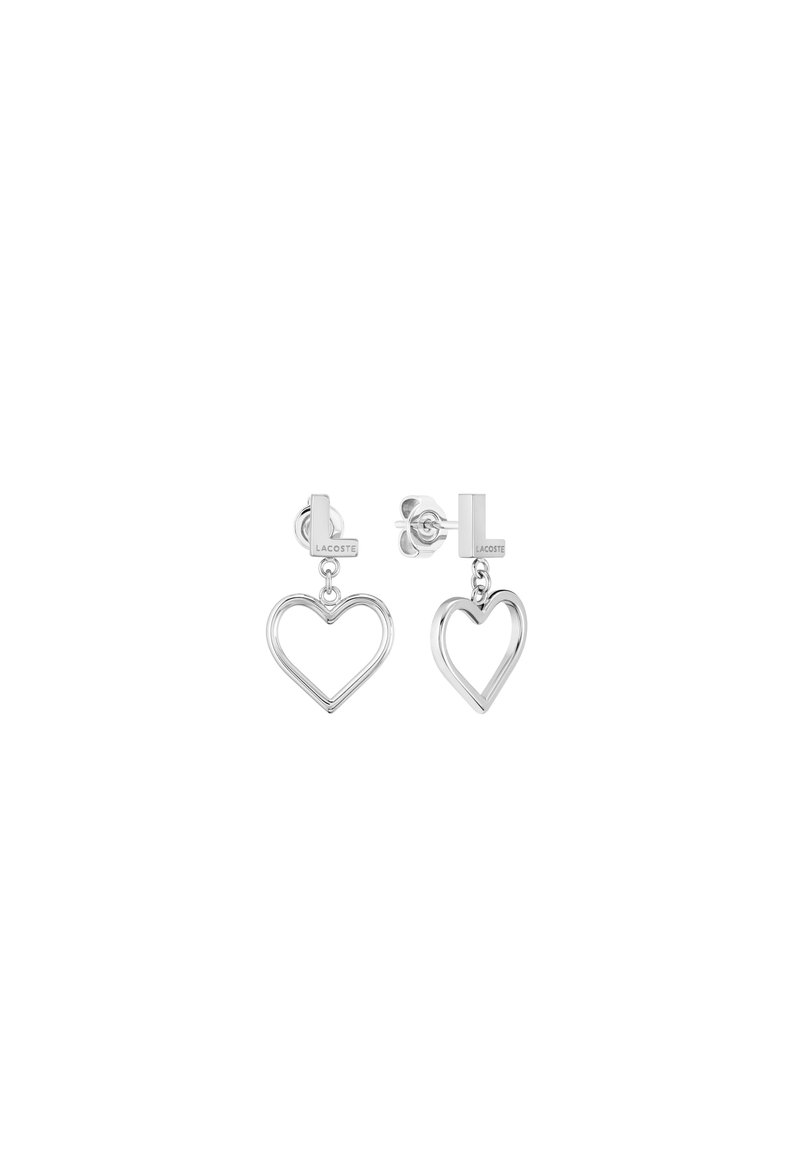 Orecchini a forma di cuore in argento con un design minimalista, caratterizzati da una sagoma aperta e chiusura marchiata. Finitura in metallo lucido.