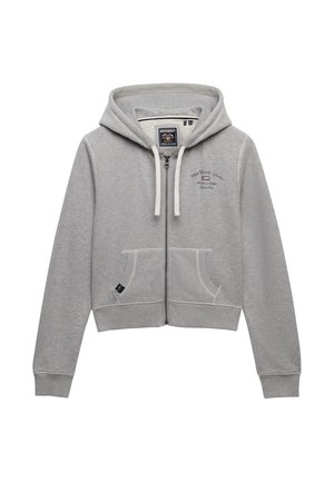 Jasnoszara bluza z kapturem na zamek, z przednimi kieszeniami, białymi sznurkami oraz małym nadrukiem "New York State Athletica Dept Superdry" na piersi.