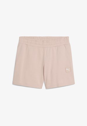 Pantalones cortos de color rosa pálido con una textura suave, una cinturilla elástica y un pequeño parche con el logo de Puma en blanco en el lado inferior.
